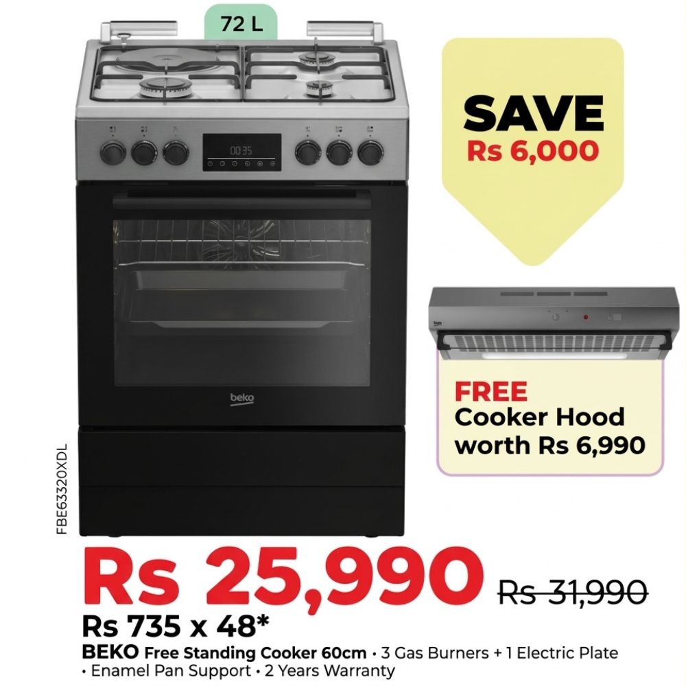 Beko Free Standing Cooker 60CM 3 Gas BURNERS+1 Electric Plate FBE63320XDL